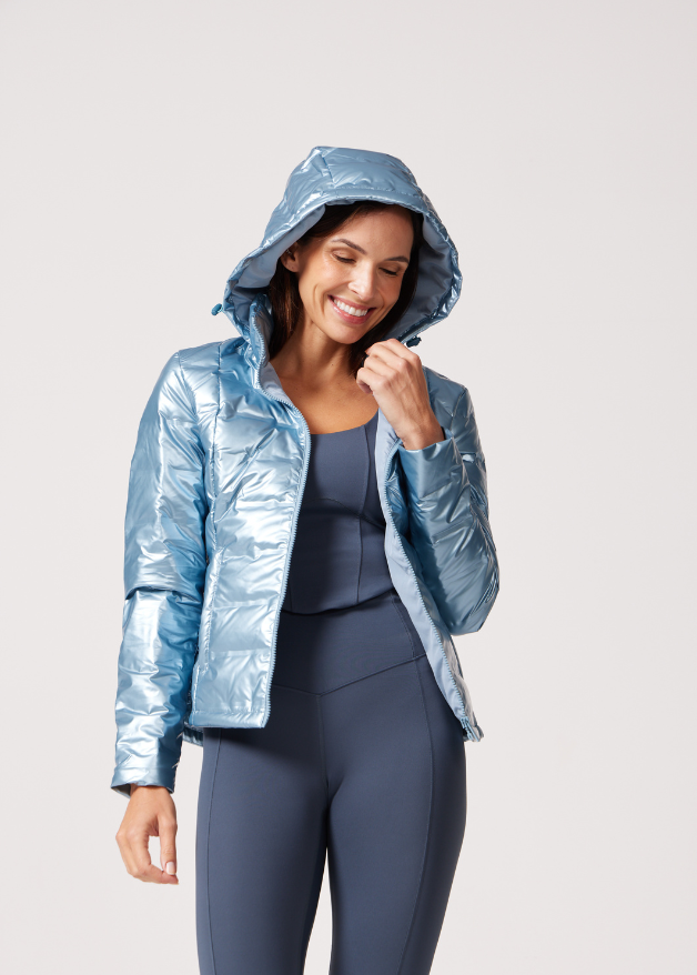 Blue metallic duck down puffer jacket
