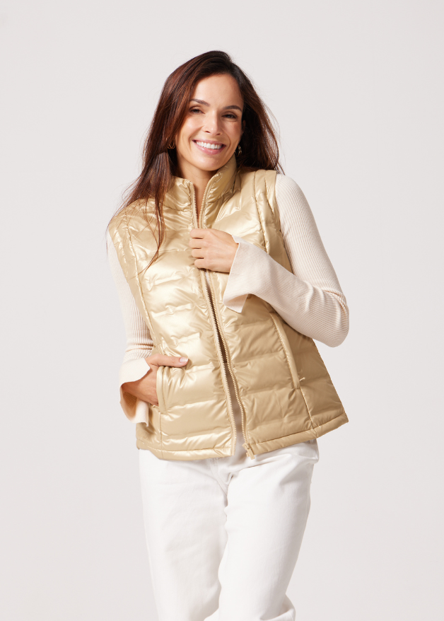 Honey Classic Gilet™ — a sleeveless, lightweight puffer gilet in a warm honey beige tone with a quilted finish