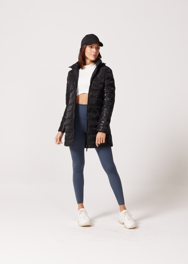 Black leather look duck down puffer coat