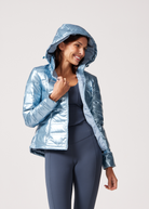 Blue metallic duck down puffer jacket