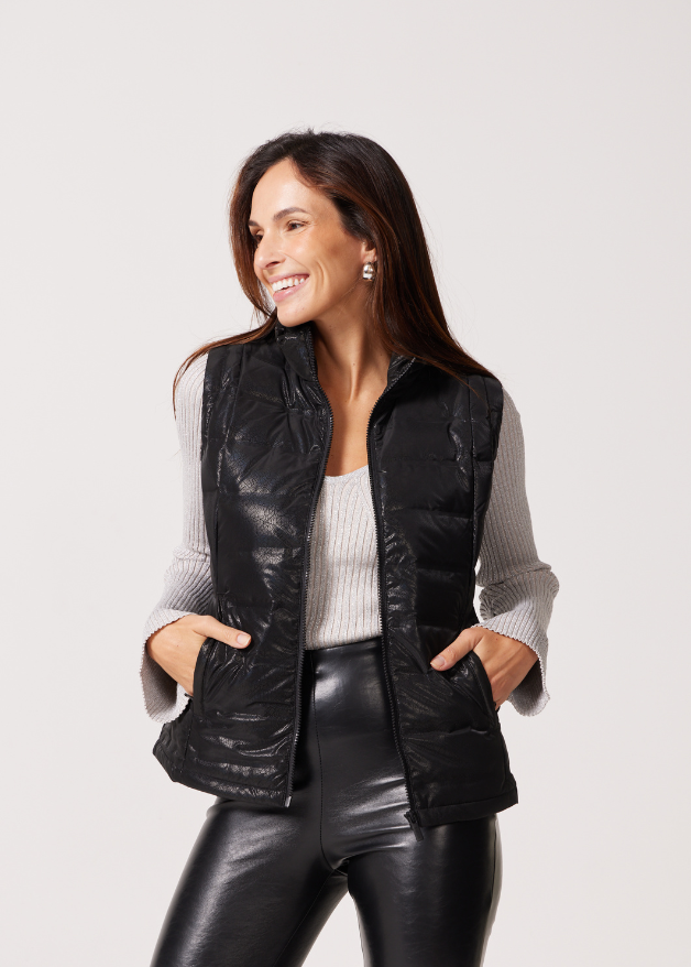 Midnight Leather Classic Gilet™ — a sleeveless, quilted gilet in black with a sleek leather-look finish