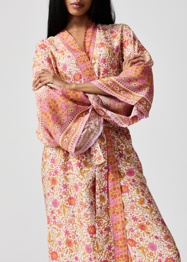 Floral print rayon dressing gown in pink, white and orange 
