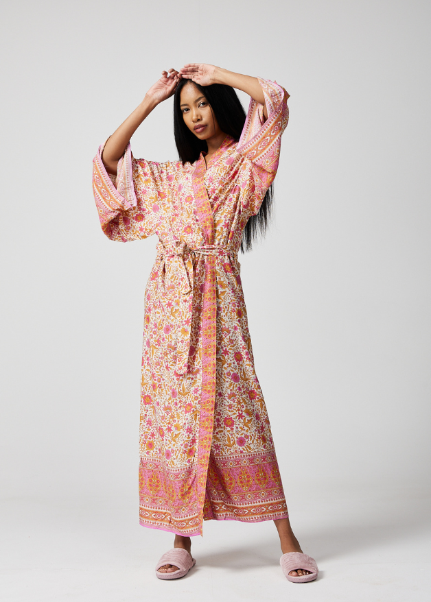 Pink and orange floral kimono robe