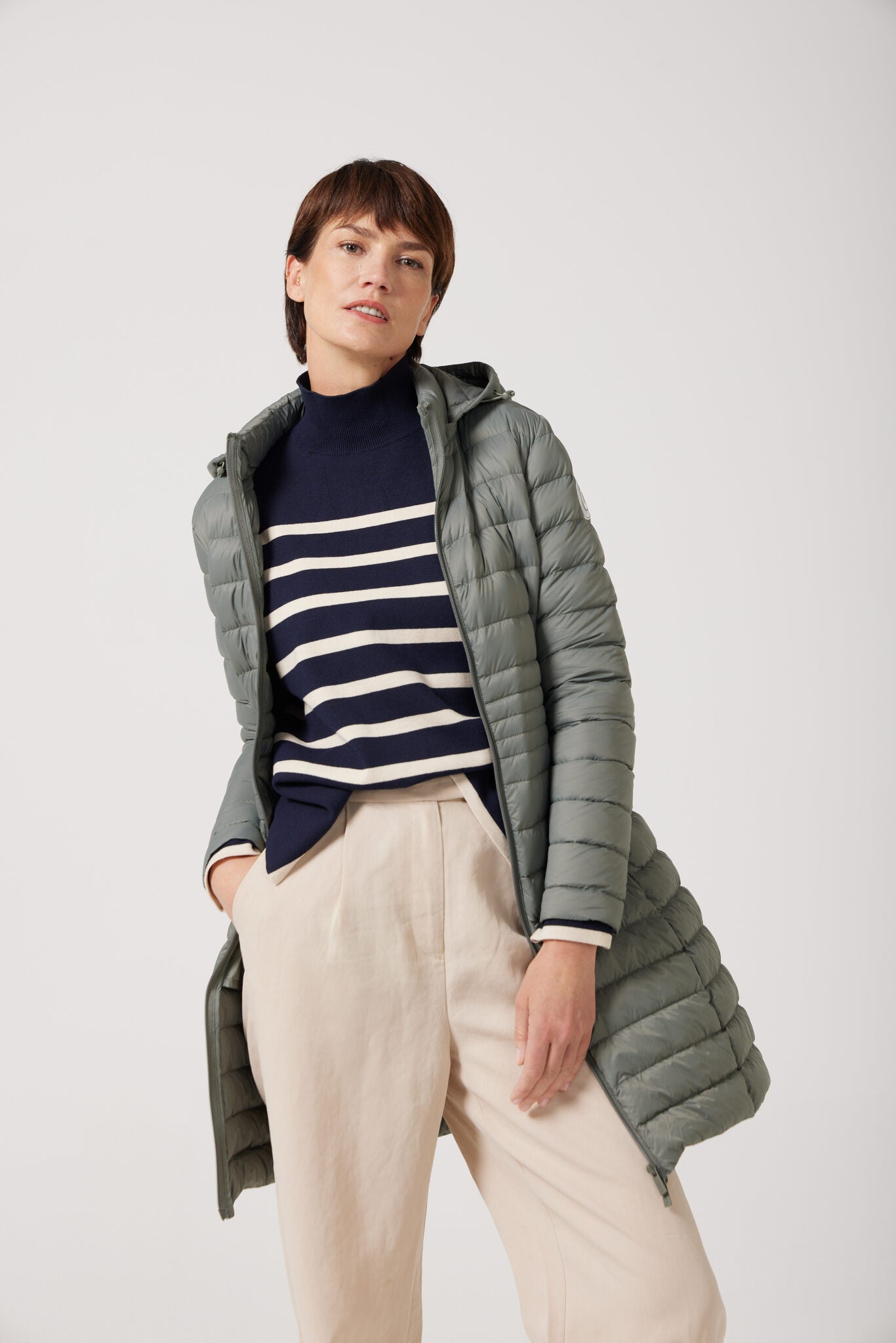 Women’s sage green insulated midi parka with hood, warm winter parka perfect for layering in Australia’s cooler weather — Sage Midi Parka™.