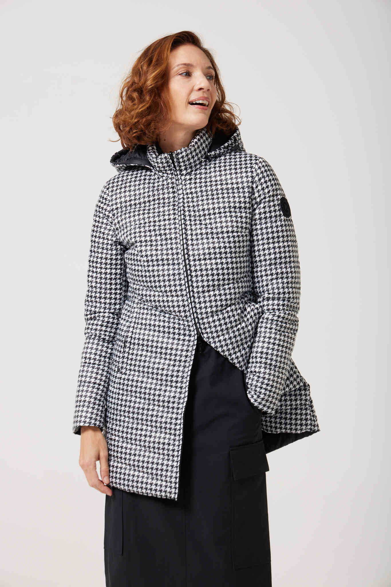 Women’s houndstooth print and midnight black reversible insulated parka with hood, warm winter parka perfect for layering in Australia’s cooler weather — Midnight x Houndstooth Classic Parka™