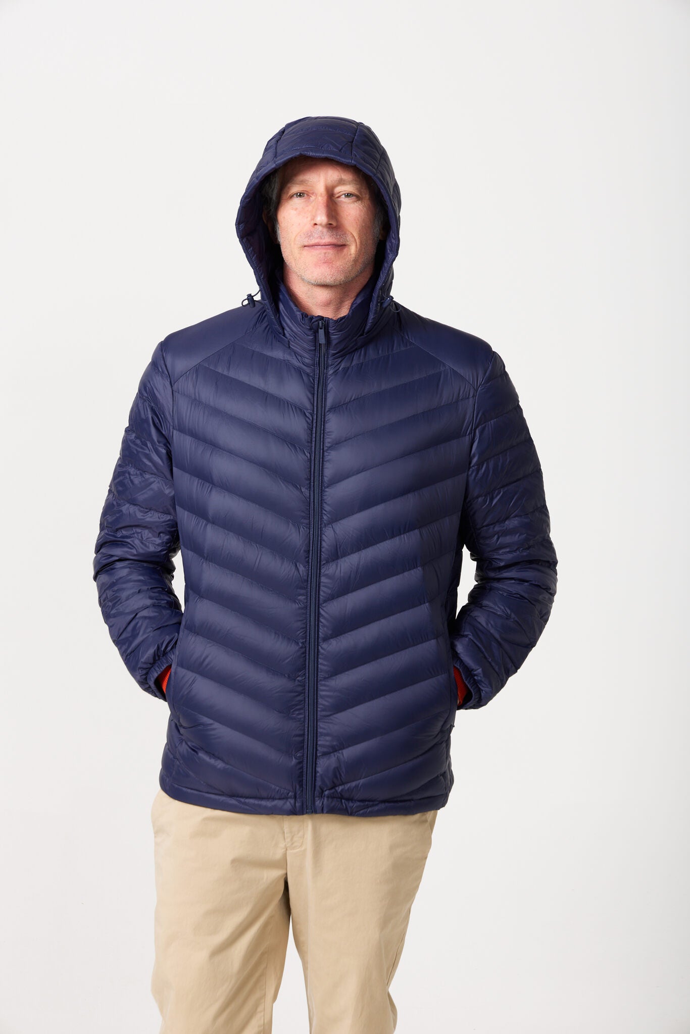 Men’s Navy Classic Jacket™ in classic navy blue, lightweight puffer jacket with hood for versatile style and casual wear in Australia