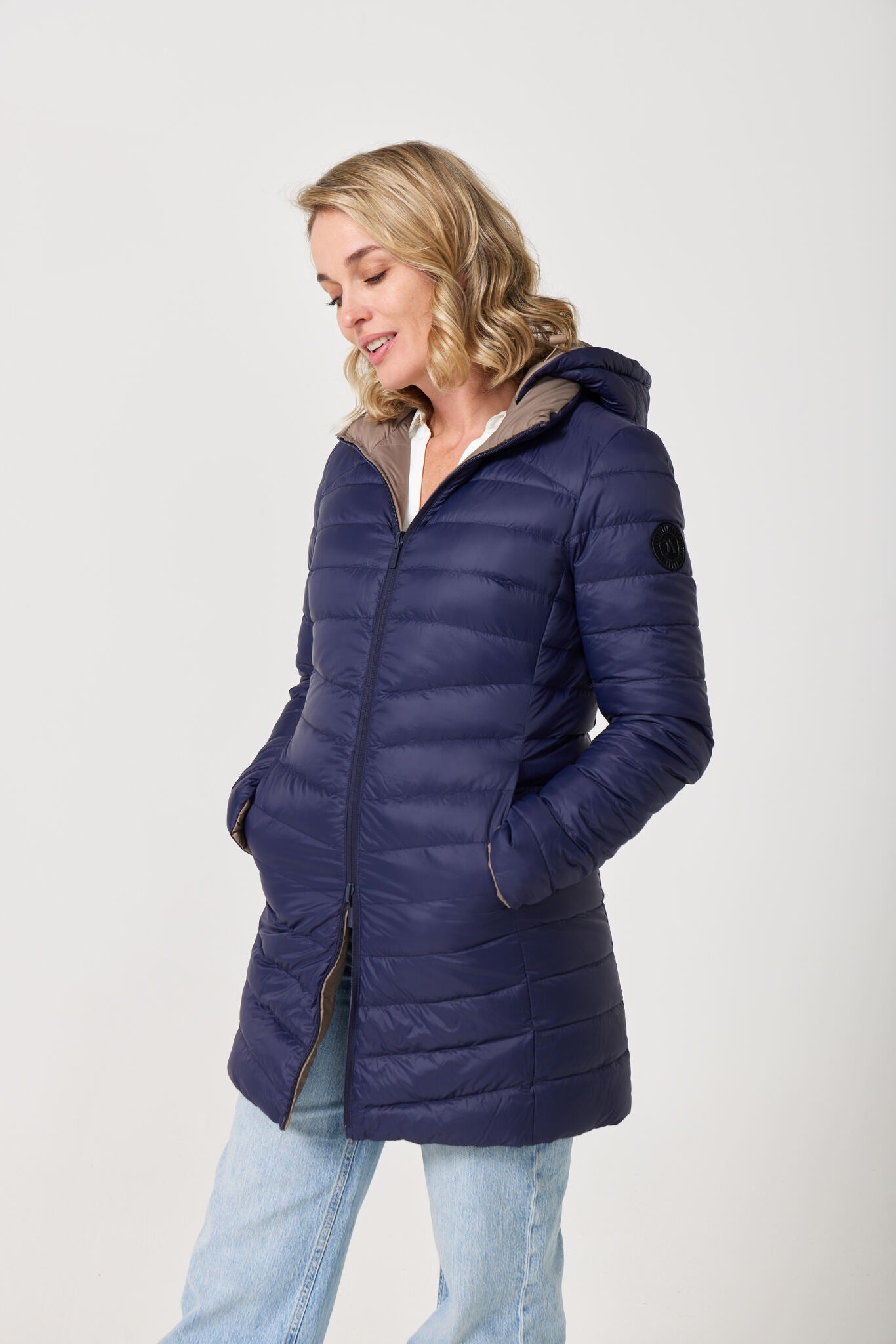 Toffee x Navy Classic Parka™ reversible hooded parka in navy blue and toffee, warm insulated jacket perfect for layering in Australia’s cooler winter weather