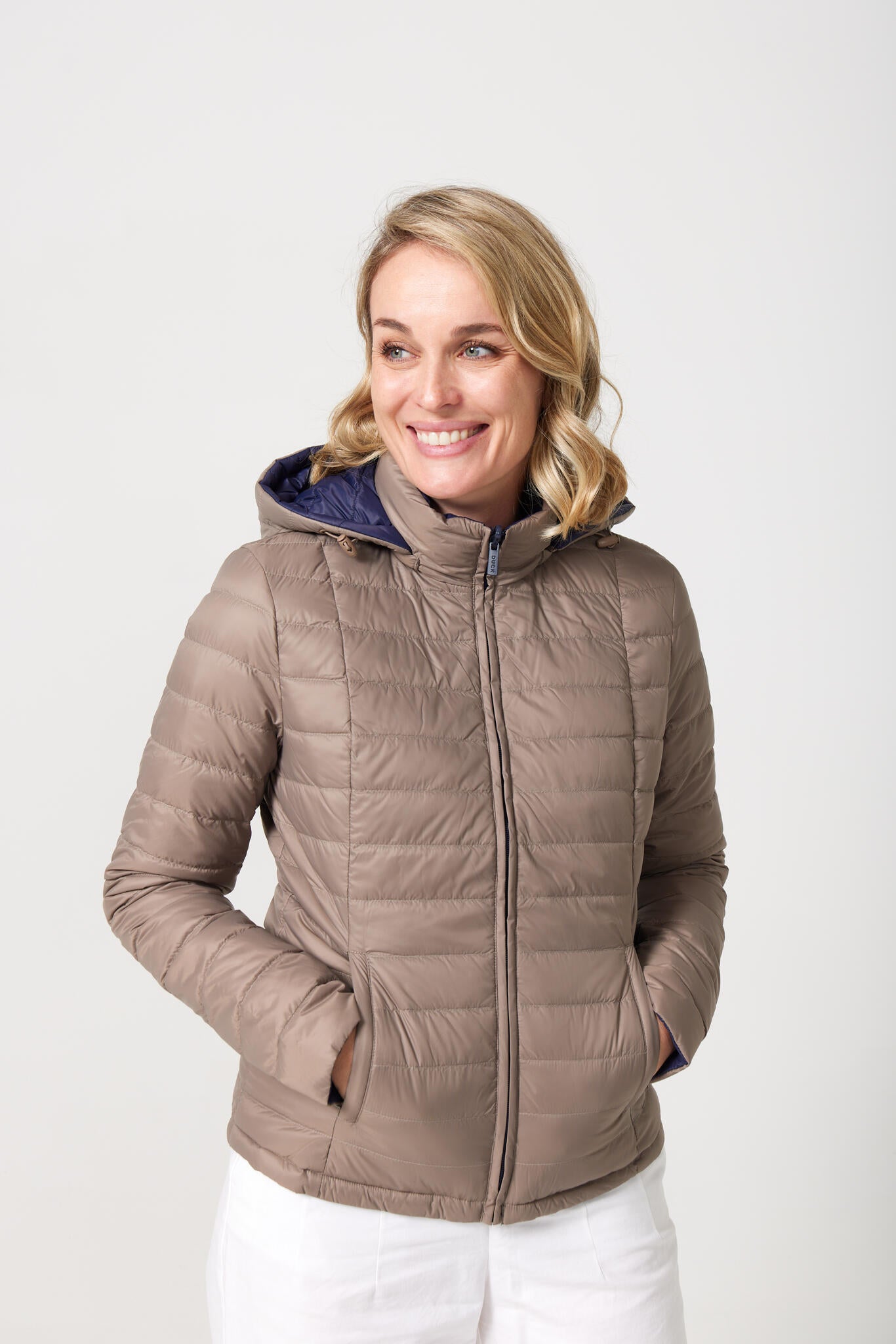 Women’s reversible navy and toffee brown insulated jacket, lightweight and stylish casual outerwear for everyday wear in Australia — Navy x Toffee Classic Jacket™