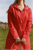 Lipstick Crush No 5 bright red hooded raincoat, modern lightweight waterproof raincoat perfect for wet weather in Australia