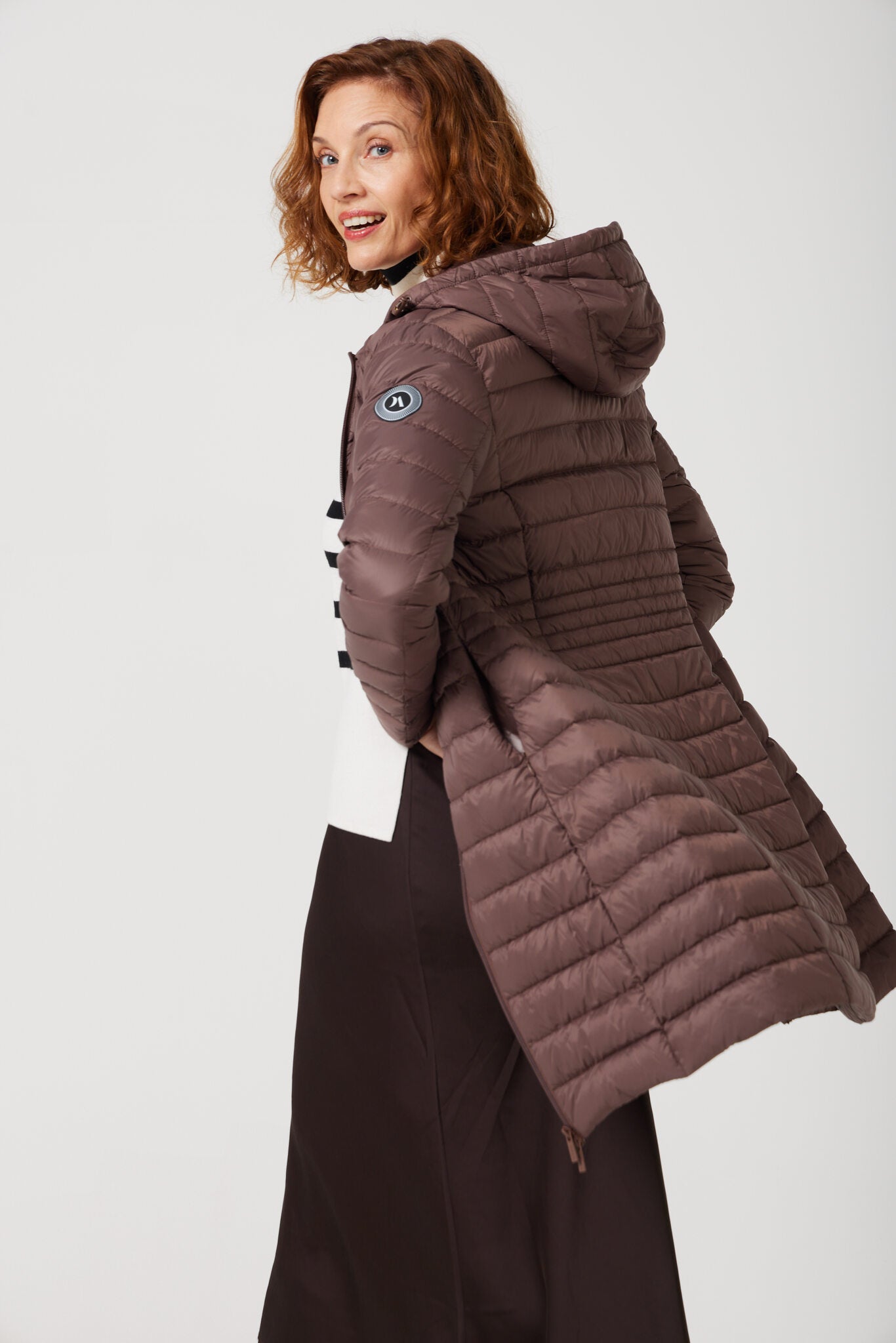 Women’s espresso brown insulated midi parka with hood, warm winter jacket perfect for layering in Australia’s cooler weather — Espresso Midi Parka™