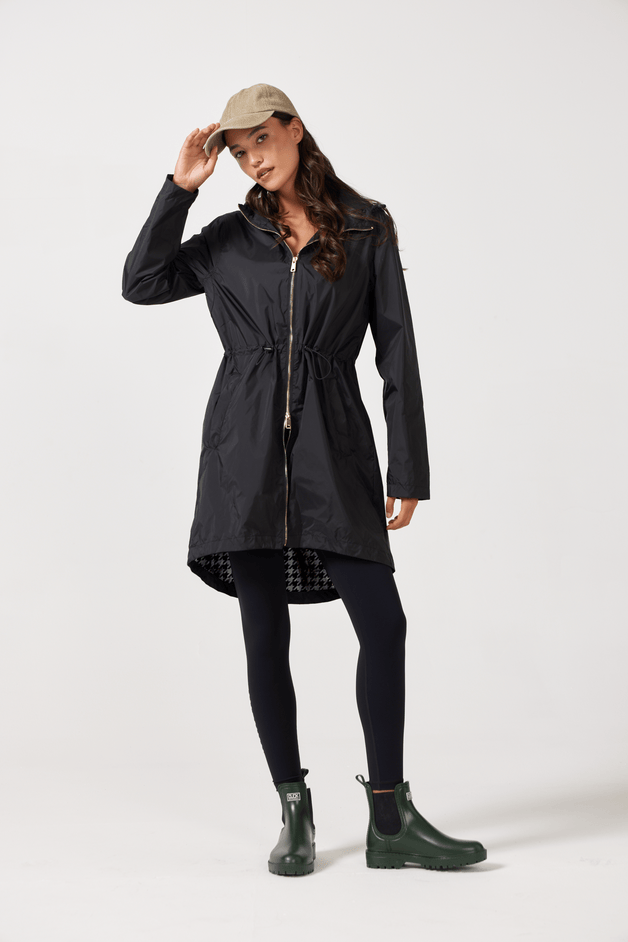 The Highland Midnight black hooded raincoat, modern lightweight waterproof raincoat perfect for Australia’s weather and rain