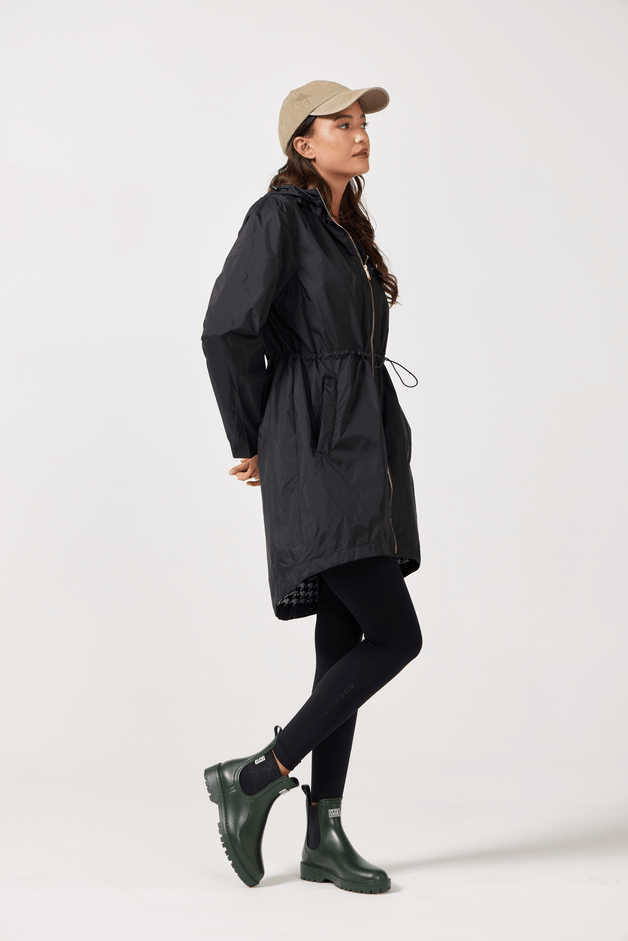 The Highland Midnight black hooded raincoat, modern lightweight waterproof raincoat perfect for Australia’s weather and rain