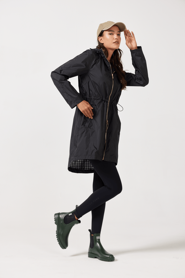 The Highland Midnight black hooded raincoat, modern lightweight waterproof raincoat perfect for Australia’s weather and rain
