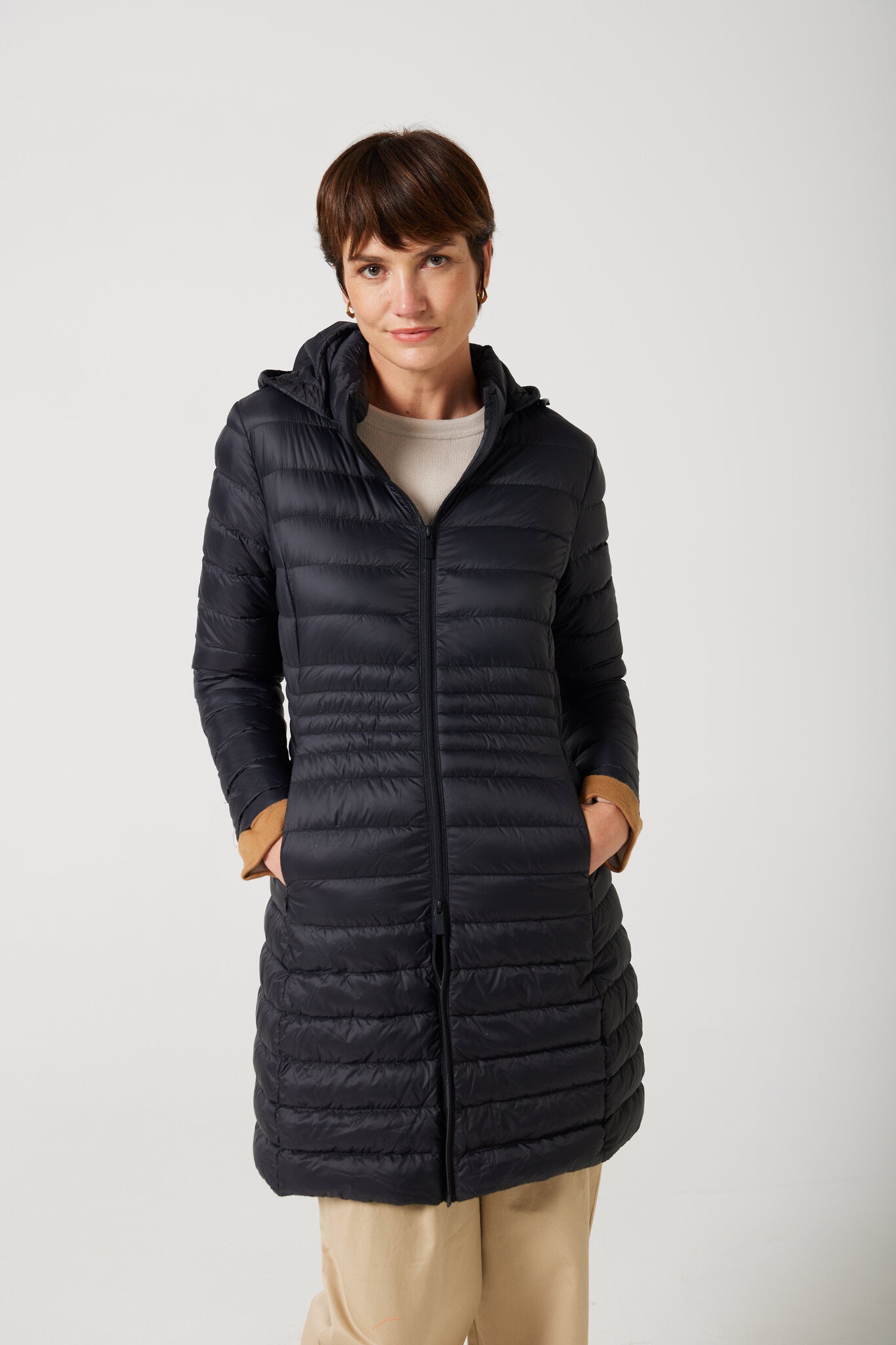 Women’s midnight black insulated midi parka with hood, warm winter parka perfect for layering in Australia’s cooler weather — Midnight Midi Parka™