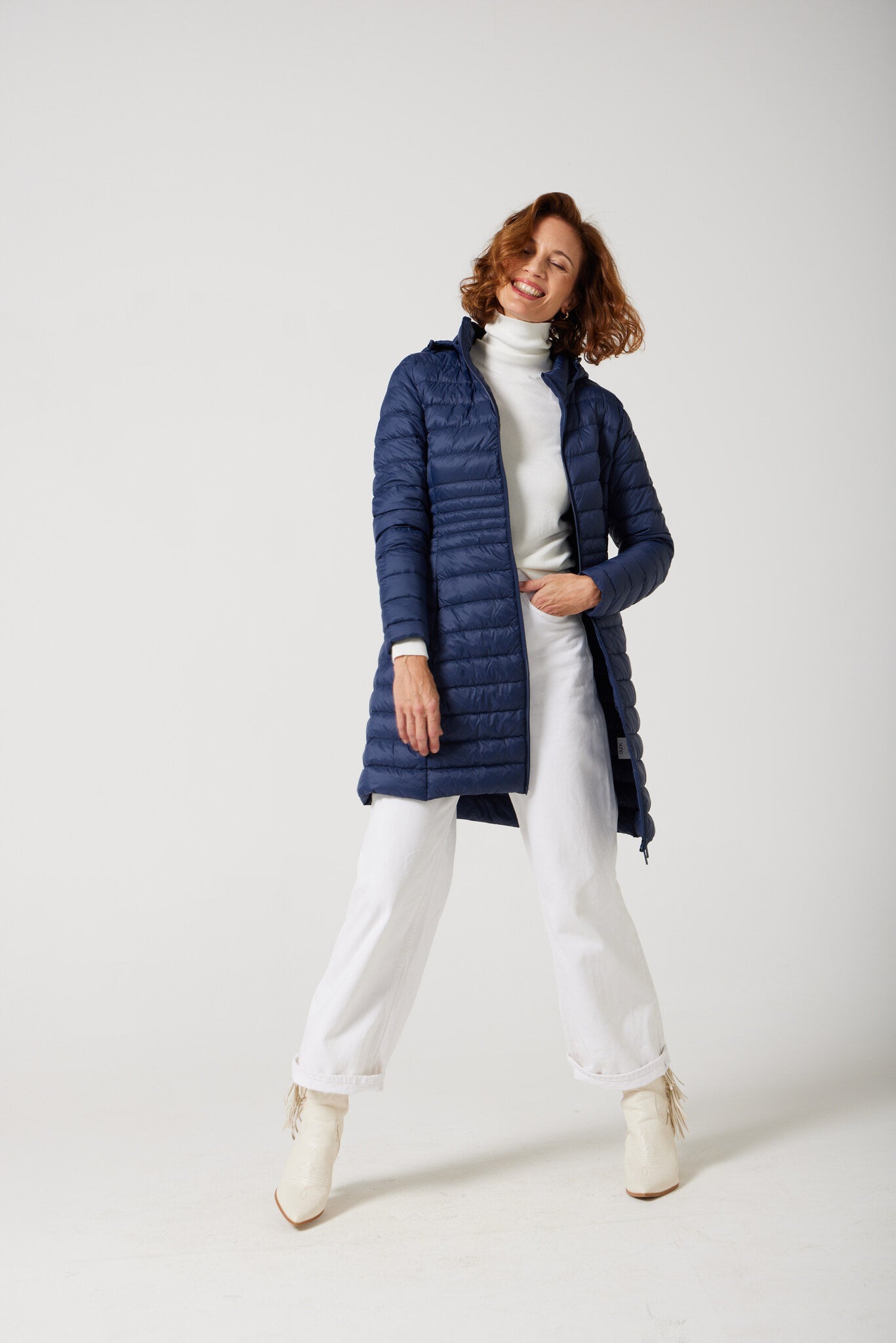 Women’s navy blue insulated midi parka with hood, warm winter parka perfect for layering in Australia’s cooler weather — Navy Midi Parka™