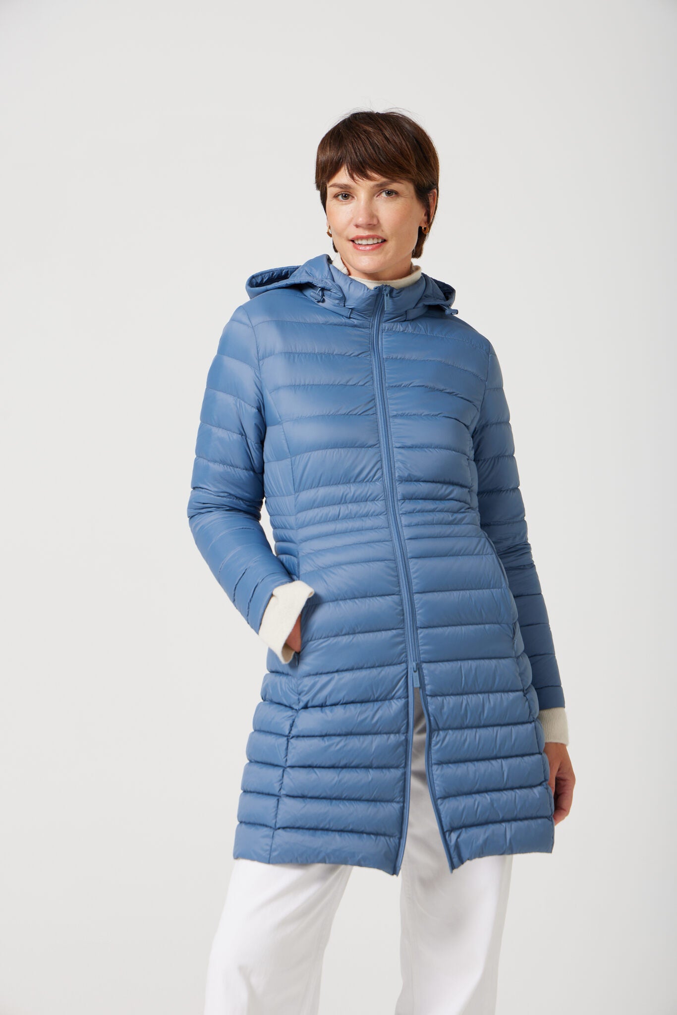 Women’s sky blue insulated midi parka with hood, warm winter jacket perfect for layering in Australia’s cooler weather — Vista Midi Parka™