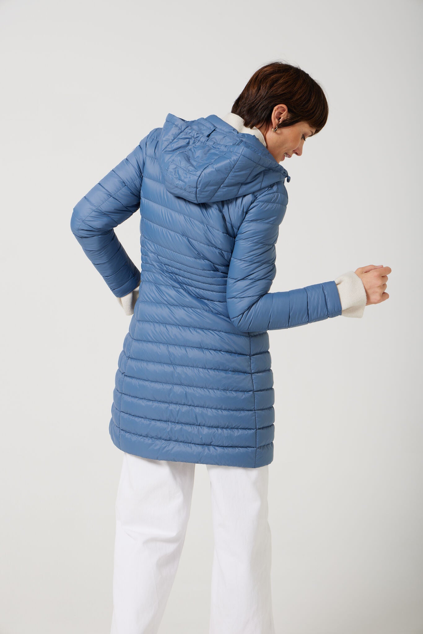 Women’s sky blue insulated midi parka with hood, warm winter jacket perfect for layering in Australia’s cooler weather — Vista Midi Parka™