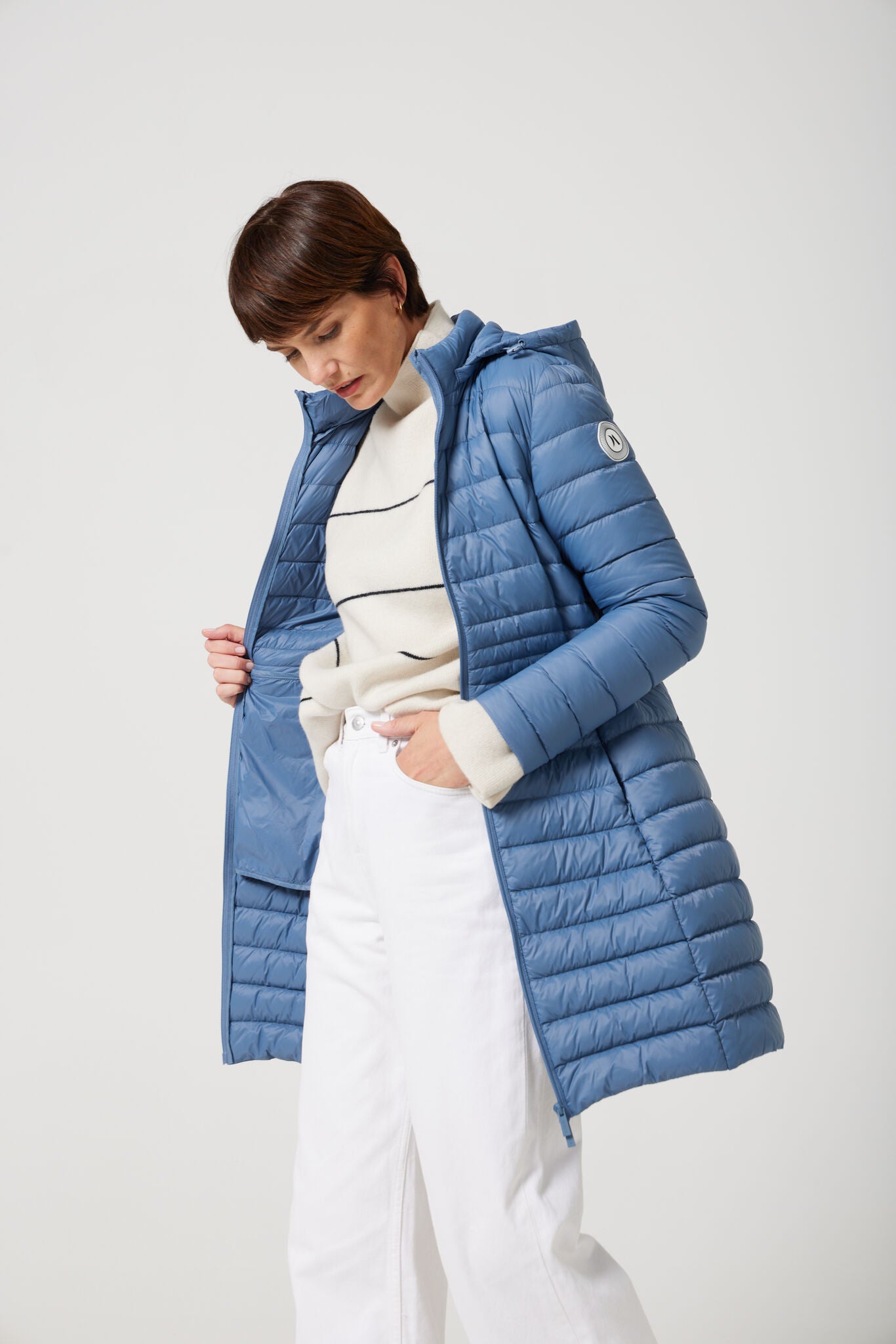 Women’s sky blue insulated midi parka with hood, warm winter jacket perfect for layering in Australia’s cooler weather — Vista Midi Parka™