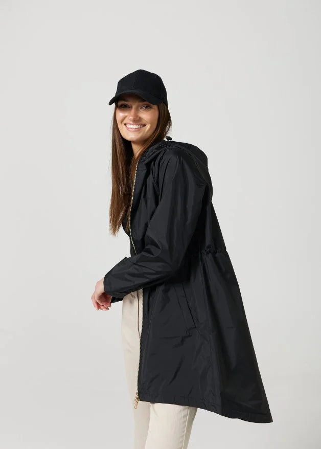 The Highland Midnight black hooded raincoat, modern lightweight waterproof raincoat perfect for Australia’s weather and rain