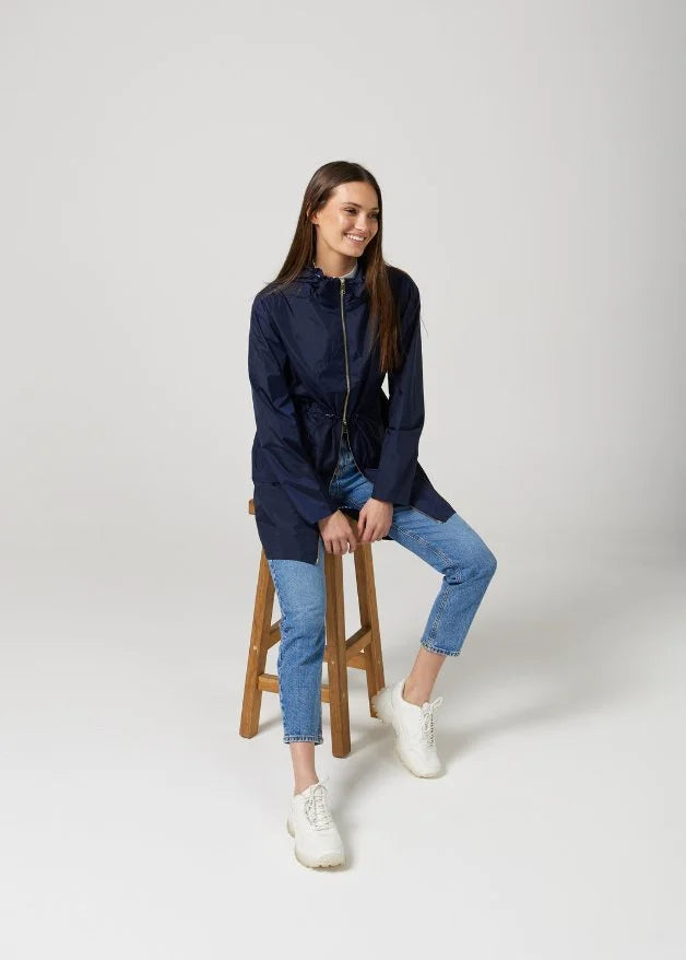 The Oxford Blue navy blue hooded raincoat, modern lightweight waterproof raincoat perfect for Australia’s changing weather and rain