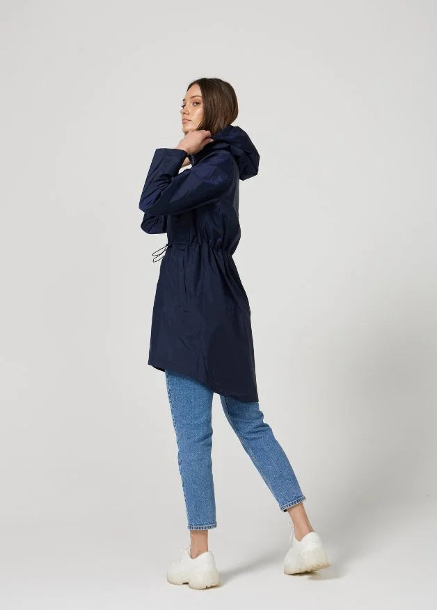 The Oxford Blue navy blue hooded raincoat, modern lightweight waterproof raincoat perfect for Australia’s changing weather and rain