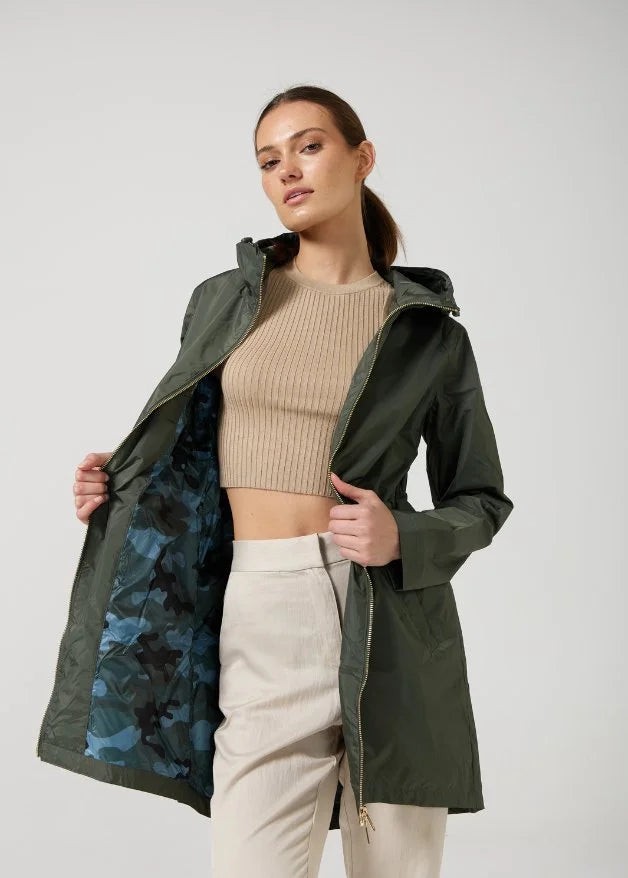 The Juniper deep green hooded raincoat, modern lightweight waterproof raincoat perfect for Australia’s changing weather and rain