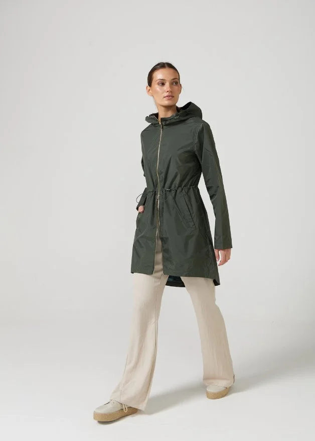 The Juniper deep green hooded raincoat, modern lightweight waterproof raincoat perfect for Australia’s changing weather and rain