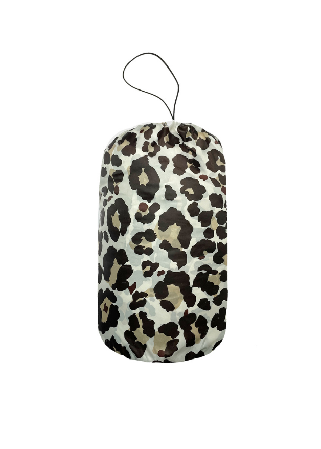 Leopard print duck down puffer coat rolled into its bag