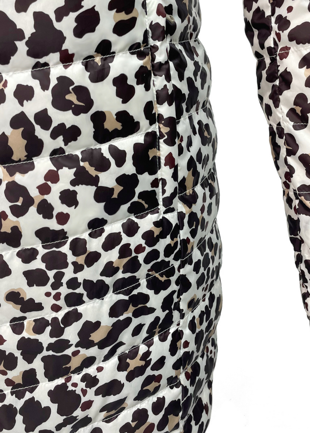 Close up of the pocket of a Leopard print duck down puffer coat