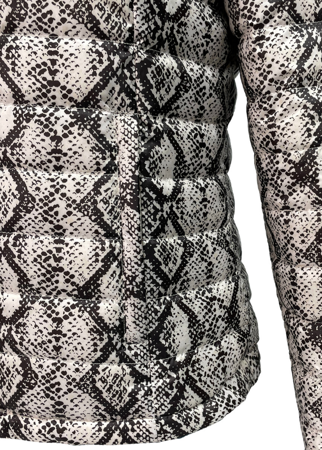 close up of the pocket of a snake skin duck down puffer jacket