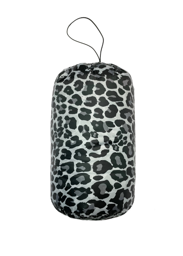 leopard print duck down puffer coat rolled into bag