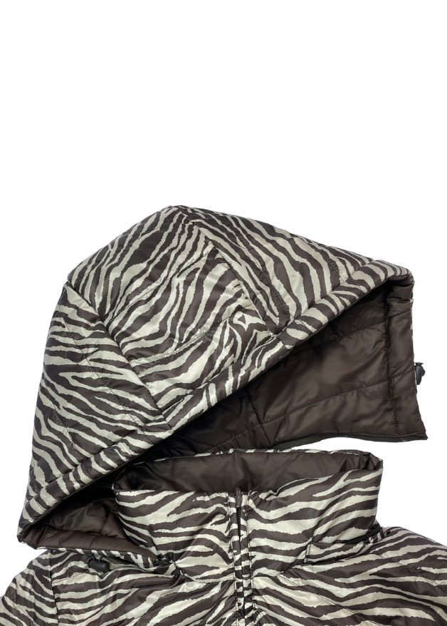 Detachable hood of a zebra stripe duck down puffer jacket