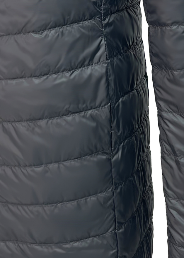 close up of the pocket of a black duck down puffer coat