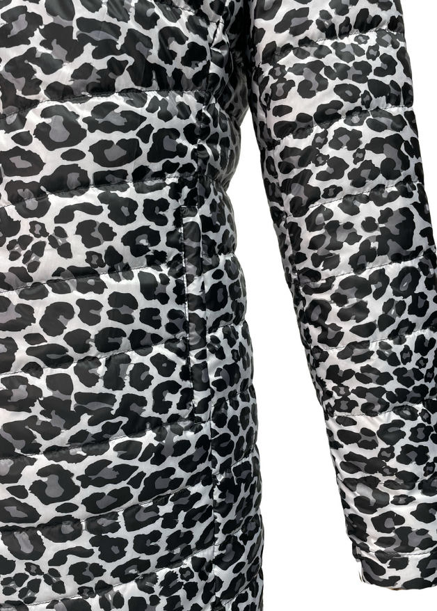 close up of the pocket of a leopard print duck down puffer coat