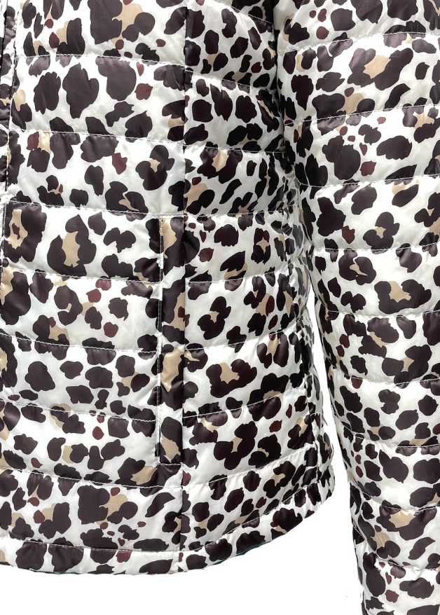 Close up of the pocket of a Leopard print duck down puffer jacket