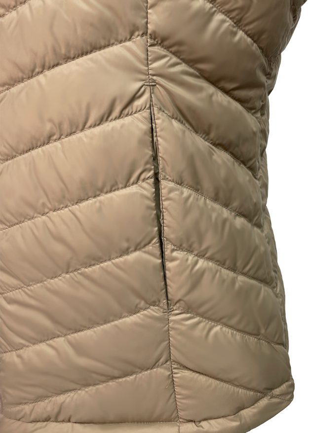 close up of the pocket of a stone sleeveless duck down puffer vest