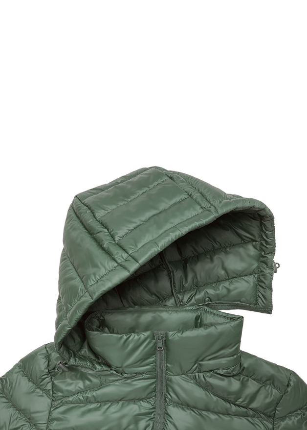 Detachable hood of a sage green duck down coat