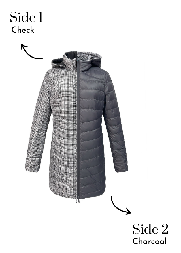 reversible grey and check duck down puffer coat