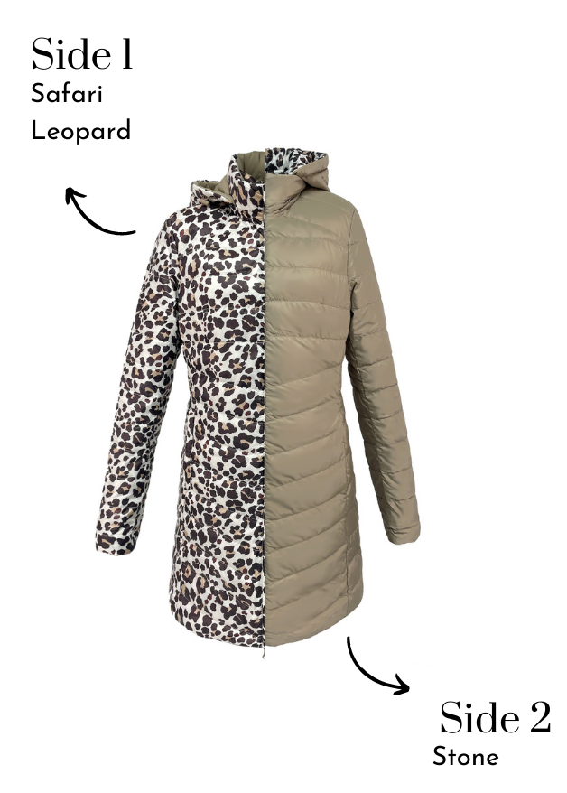 Reversible leopard print and stone duck down puffer coat